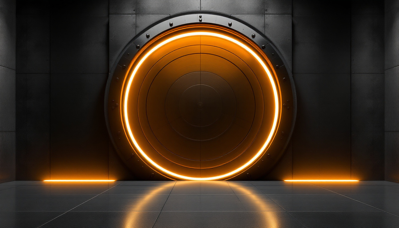 A massive circular vault door of dark brushed metal, its seam traced by a ring of amber light, in a minimal concrete chamber.